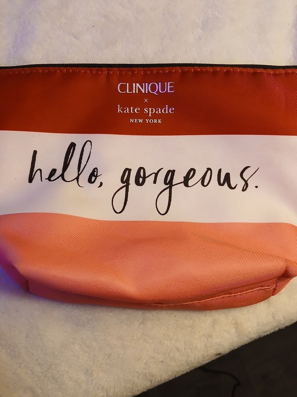 kate spade x Clinique Coral, Red & White Cosmetic Pouch "hello, gorgeous" EUC